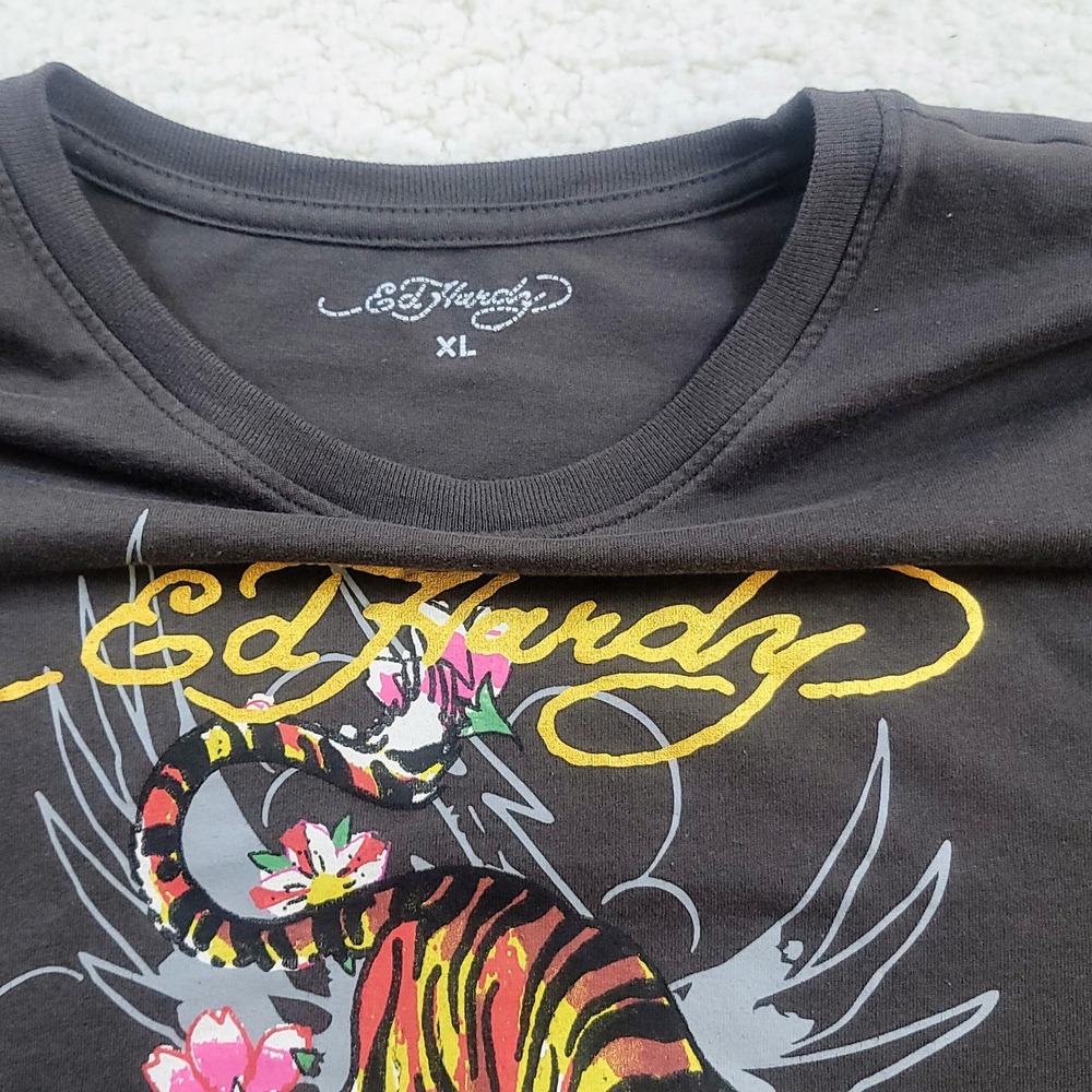 Ed Hardy Tiger Tattoo Graphic T-Shirt Womens XL Black Short Sleeve Grunge - Picture 3 of 7